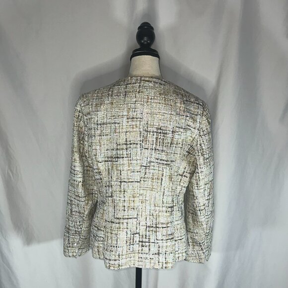 Anne Klein - Latte Lined Tweed Sequin Plaid Tulip Cut Slit Sleeve Blazer Size 12 - Picture 5 of 13